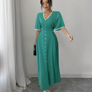 Elenzga Robe nouvelle création femme col V, manches volantées, blocs de couleurs, taille cintrée, beige et noir, robe décontractée et élégante pour vacances, coupe a-line affinante avec fente à l'ourlet, printemps et été