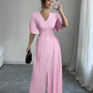 Elenzga Robe nouvelle création femme col V, manches volantées, blocs de couleurs, taille cintrée, beige et noir, robe décontractée et élégante pour vacances, coupe a-line affinante avec fente à l'ourlet, printemps et été