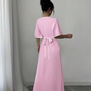 Elenzga Robe nouvelle création femme col V, manches volantées, blocs de couleurs, taille cintrée, beige et noir, robe décontractée et élégante pour vacances, coupe a-line affinante avec fente à l'ourlet, printemps et été