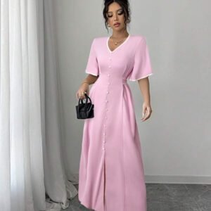 Elenzga Robe nouvelle création femme col V, manches volantées, blocs de couleurs, taille cintrée, beige et noir, robe décontractée et élégante pour vacances, coupe a-line affinante avec fente à l'ourlet, printemps et été