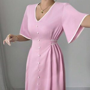 Elenzga Robe nouvelle création femme col V, manches volantées, blocs de couleurs, taille cintrée, beige et noir, robe décontractée et élégante pour vacances, coupe a-line affinante avec fente à l'ourlet, printemps et été