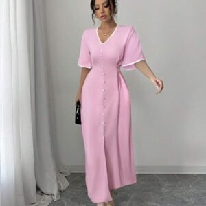 Elenzga Robe nouvelle création femme col V, manches volantées, blocs de couleurs, taille cintrée, beige et noir, robe décontractée et élégante pour vacances, coupe a-line affinante avec fente à l'ourlet, printemps et été