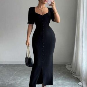 Modelyn Robe mi-longue ajustée avec manches bouffantes et encolure carrée pour femmes, en tissu texturé, élégante et parfaite pour le travail et le quotidien