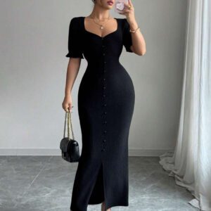 Modelyn Robe mi-longue ajustée avec manches bouffantes et encolure carrée pour femmes, en tissu texturé, élégante et parfaite pour le travail et le quotidien