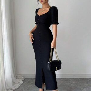 Modelyn Robe mi-longue ajustée avec manches bouffantes et encolure carrée pour femmes, en tissu texturé, élégante et parfaite pour le travail et le quotidien