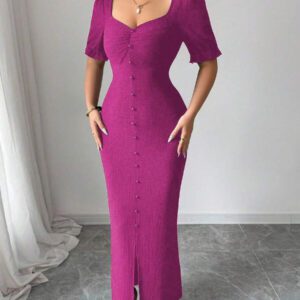 Modelyn Robe mi-longue ajustée avec manches bouffantes et encolure carrée pour femmes, en tissu texturé, élégante et parfaite pour le travail et le quotidien