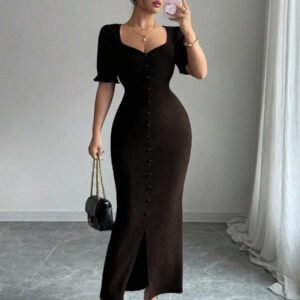 Modelyn Robe mi-longue ajustée avec manches bouffantes et encolure carrée pour femmes, en tissu texturé, élégante et parfaite pour le travail et le quotidien