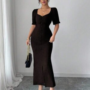 Modelyn Robe mi-longue ajustée avec manches bouffantes et encolure carrée pour femmes, en tissu texturé, élégante et parfaite pour le travail et le quotidien