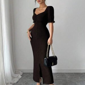 Modelyn Robe mi-longue ajustée avec manches bouffantes et encolure carrée pour femmes, en tissu texturé, élégante et parfaite pour le travail et le quotidien