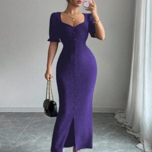 Modelyn Robe mi-longue ajustée avec manches bouffantes et encolure carrée pour femmes, en tissu texturé, élégante et parfaite pour le travail et le quotidien