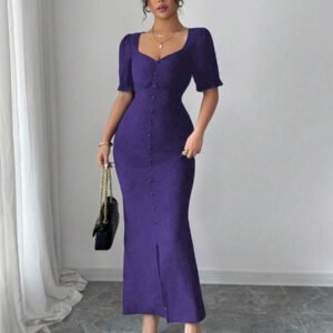 Modelyn Robe mi-longue ajustée avec manches bouffantes et encolure carrée pour femmes, en tissu texturé, élégante et parfaite pour le travail et le quotidien