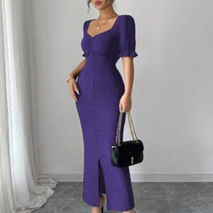 Modelyn Robe mi-longue ajustée avec manches bouffantes et encolure carrée pour femmes, en tissu texturé, élégante et parfaite pour le travail et le quotidien