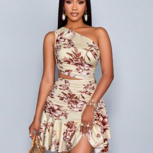 SOLERSUN Robe courte en tricot blanche à imprimé floral élégante pour femme, printemps/été, avec plis asymétriques aux épaules, découpes à la taille et ourlet plissé