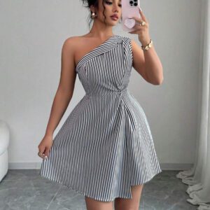 Elenzga Robe femme avec col asymétrique froncé à la taille, ourlet asymétrique, en motif rayé