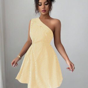 Elenzga Robe femme avec col asymétrique froncé à la taille, ourlet asymétrique, en motif rayé