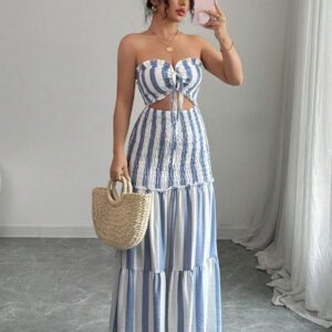 Elenzga Nouvelle arrivée d'été 2025 Robe maxi élégante à buste enveloppant, rayures bleues et blanches, sexy et polyvalente avec ceinture à nouer, sans bretelles. Convient pour les rendez-vous, sorties, vacances, jours fériés, rentrée scolaire, tenue d'enseignant, mariages, fêtes, festivals de musique, Oktoberfest, Halloween, Thanksgiving