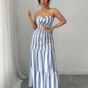Elenzga Nouvelle arrivée d'été 2025 Robe maxi élégante à buste enveloppant, rayures bleues et blanches, sexy et polyvalente avec ceinture à nouer, sans bretelles. Convient pour les rendez-vous, sorties, vacances, jours fériés, rentrée scolaire, tenue d'enseignant, mariages, fêtes, festivals de musique, Oktoberfest, Halloween, Thanksgiving