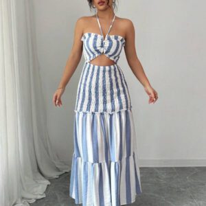 Elenzga Nouvelle arrivée d'été 2025 Robe maxi élégante à buste enveloppant, rayures bleues et blanches, sexy et polyvalente avec ceinture à nouer, sans bretelles. Convient pour les rendez-vous, sorties, vacances, jours fériés, rentrée scolaire, tenue d'enseignant, mariages, fêtes, festivals de musique, Oktoberfest, Halloween, Thanksgiving