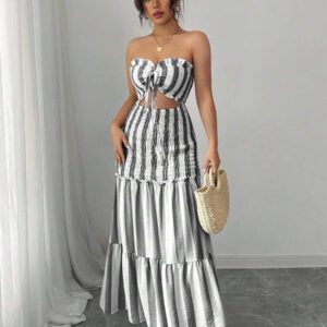 Elenzga Nouvelle arrivée d'été 2025 Robe maxi élégante à buste enveloppant, rayures bleues et blanches, sexy et polyvalente avec ceinture à nouer, sans bretelles. Convient pour les rendez-vous, sorties, vacances, jours fériés, rentrée scolaire, tenue d'enseignant, mariages, fêtes, festivals de musique, Oktoberfest, Halloween, Thanksgiving