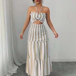 Elenzga Nouvelle arrivée d'été 2025 Robe maxi élégante à buste enveloppant, rayures bleues et blanches, sexy et polyvalente avec ceinture à nouer, sans bretelles. Convient pour les rendez-vous, sorties, vacances, jours fériés, rentrée scolaire, tenue d'enseignant, mariages, fêtes, festivals de musique, Oktoberfest, Halloween, Thanksgiving