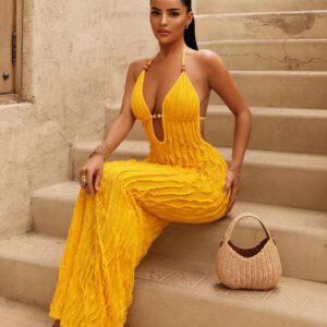 Sirith Nouvelle robe d'été jaune sexy pour femmes avec décolleté plongeant profond, longue avec des franges jaunes en tissu, décoration de perles ambre, convient pour la plage et les vacances
