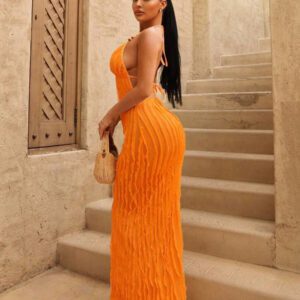 Sirith Nouvelle robe d'été jaune sexy pour femmes avec décolleté plongeant profond, longue avec des franges jaunes en tissu, décoration de perles ambre, convient pour la plage et les vacances