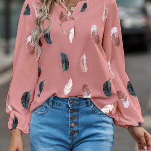 SHEIN Clasi Blouse à manches évêque avec encolure échancrée à imprimé plume, hauts à manches longues