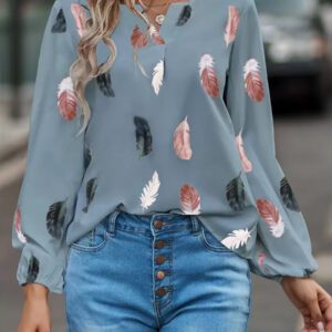 SHEIN Clasi Blouse à manches évêque avec encolure échancrée à imprimé plume, hauts à manches longues