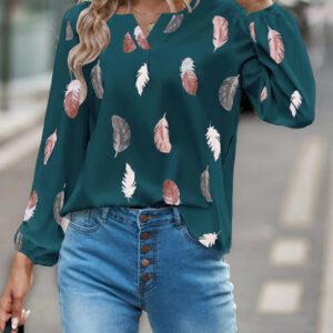 SHEIN Clasi Blouse à manches évêque avec encolure échancrée à imprimé plume, hauts à manches longues