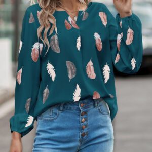 SHEIN Clasi Blouse à manches évêque avec encolure échancrée à imprimé plume, hauts à manches longues