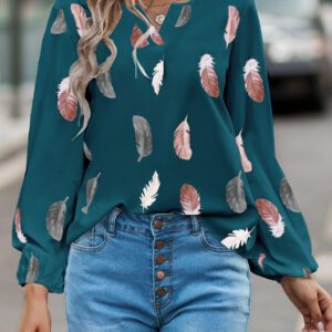 SHEIN Clasi Blouse à manches évêque avec encolure échancrée à imprimé plume, hauts à manches longues