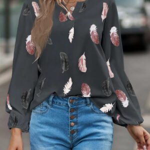 SHEIN Clasi Blouse à manches évêque avec encolure échancrée à imprimé plume, hauts à manches longues