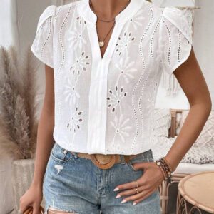 EMERY ROSE Chemise femme col V encoche avec manches bouffantes, Top à manches courtes