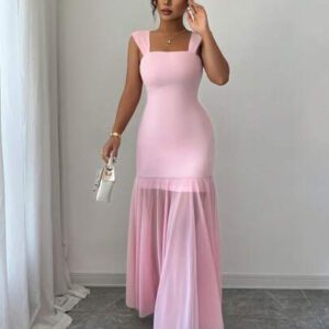 Elenzga Robe longue élégante femme pratique et décontractée, charmante pour les vacances, la remise des diplômes, les festivals de musique. Robe femme douce à fines bretelles, avec ceinture à la taille, jupe évasée et empiècements en maille, couleur unie