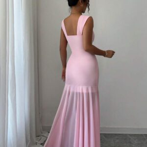 Elenzga Robe longue élégante femme pratique et décontractée, charmante pour les vacances, la remise des diplômes, les festivals de musique. Robe femme douce à fines bretelles, avec ceinture à la taille, jupe évasée et empiècements en maille, couleur unie