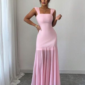 Elenzga Robe longue élégante femme pratique et décontractée, charmante pour les vacances, la remise des diplômes, les festivals de musique. Robe femme douce à fines bretelles, avec ceinture à la taille, jupe évasée et empiècements en maille, couleur unie