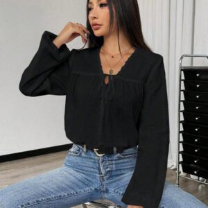 Chiquease Chemise casual pour femmes de couleur unie avec nœud à l'avant