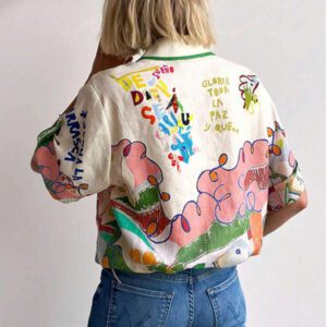 Chemise en lin pour femmes avec imprimé graffiti unique, design à simple boutonnage multi-boutons