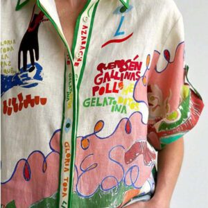 Chemise en lin pour femmes avec imprimé graffiti unique, design à simple boutonnage multi-boutons