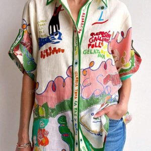 Chemise en lin pour femmes avec imprimé graffiti unique, design à simple boutonnage multi-boutons
