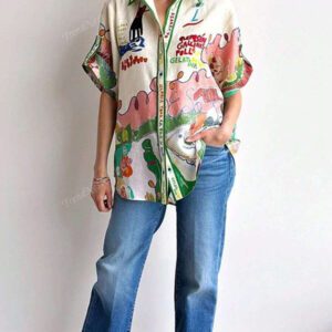 Chemise en lin pour femmes avec imprimé graffiti unique, design à simple boutonnage multi-boutons