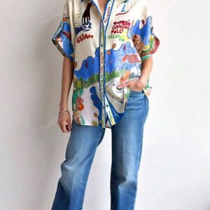 Chemise en lin pour femmes avec imprimé graffiti unique, design à simple boutonnage multi-boutons