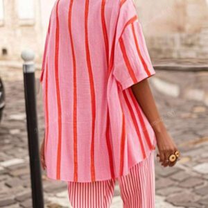 Blouse ample élégante avec des rayures bicolores pour femmes, manches courtes, cardigan Convient pour le trajet, le quotidien, la Saint-Valentin, les sorties, le printemps/été