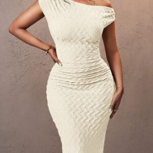 Slaydiva Nouvelle robe d'été/printemps, vêtement casual polyvalent pour la vie quotidienne, les vacances, les croisières, la plage, le bronzage. Robe verte, élégante et sexy à une épaule avec texture et rayures, pour femmes
