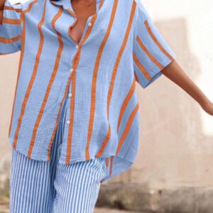 Blouse ample élégante avec des rayures bicolores pour femmes, manches courtes, cardigan Convient pour le trajet, le quotidien, la Saint-Valentin, les sorties, le printemps/été