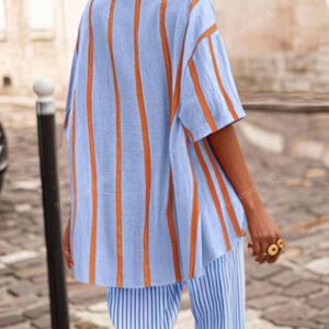 Blouse ample élégante avec des rayures bicolores pour femmes, manches courtes, cardigan Convient pour le trajet, le quotidien, la Saint-Valentin, les sorties, le printemps/été