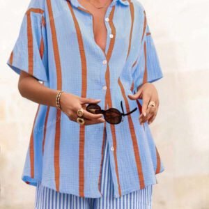 Blouse ample élégante avec des rayures bicolores pour femmes, manches courtes, cardigan Convient pour le trajet, le quotidien, la Saint-Valentin, les sorties, le printemps/été