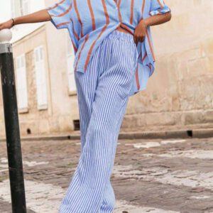 Blouse ample élégante avec des rayures bicolores pour femmes, manches courtes, cardigan Convient pour le trajet, le quotidien, la Saint-Valentin, les sorties, le printemps/été