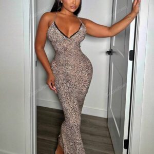 Alexandranx Robe camisole moulante avec queue de poisson, en léopard sexy avec bordure en dentelle à l'encolure