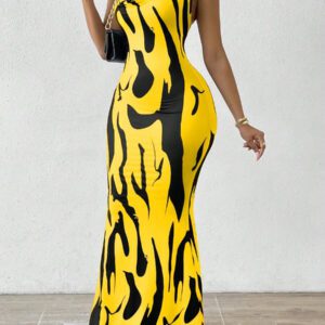 VaVaBold Robe longue pour femmes avec col drapé et ourlet de sirène à imprimé tout-allover